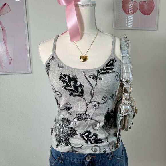 2000s Y2k The Limited Paisley Floral Gray Black Razorback Tank Cami Womens M - Picture 2 of 5